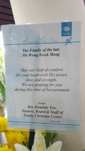 Flower tribute from Rev Dominic Yeo, Pastors, Board of Staff of Trinity Church Center