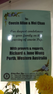 Flower Tribute from Richard and June Wong, Western Australia, Perth to Cousin Allan and Mei Chan